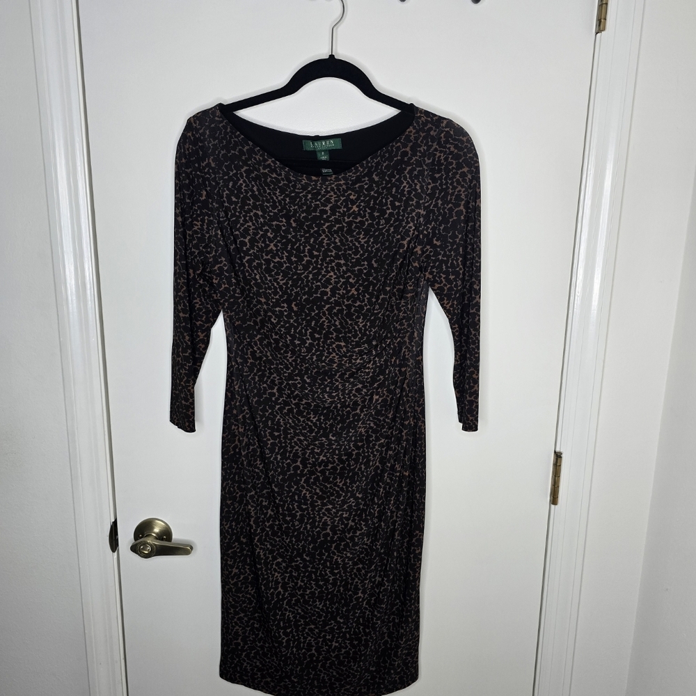 Lauren Ralph Lauren Black and Brown Animal Print Patterned Midi Dress Size 8